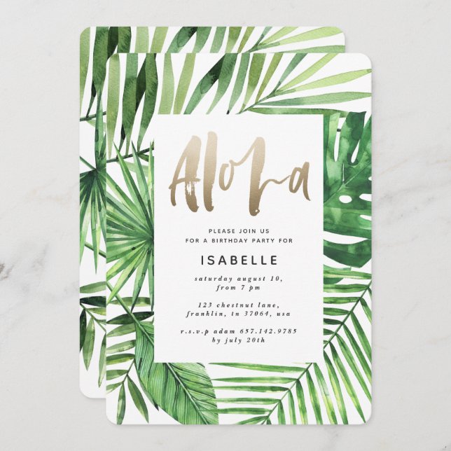 Aloha tropical palm & gold script birthday save the date (Front/Back)