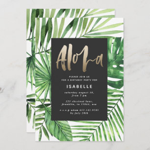 Aloha tropical palm & gold script party birthday save the date