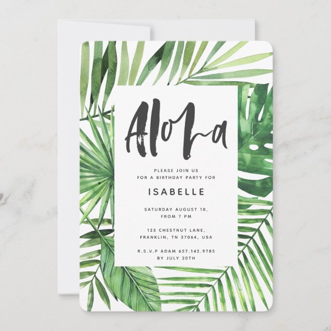 Aloha tropical palm leaf & script party invitation (Front)