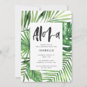 Aloha tropical palm leaf & script party invitation