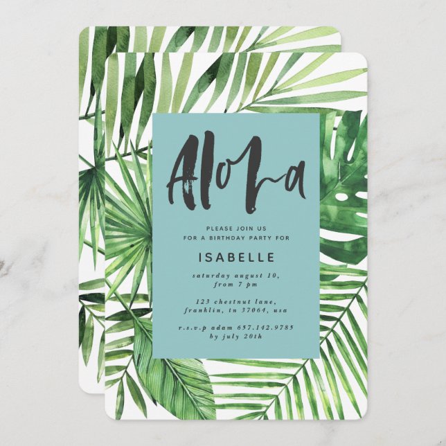 Aloha tropical palm leaf & script teal birthday save the date (Front/Back)