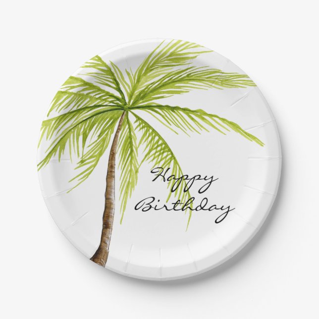 Aloha Tropical Palm Tree Beach Happy Birthday Paper Plates (Front)