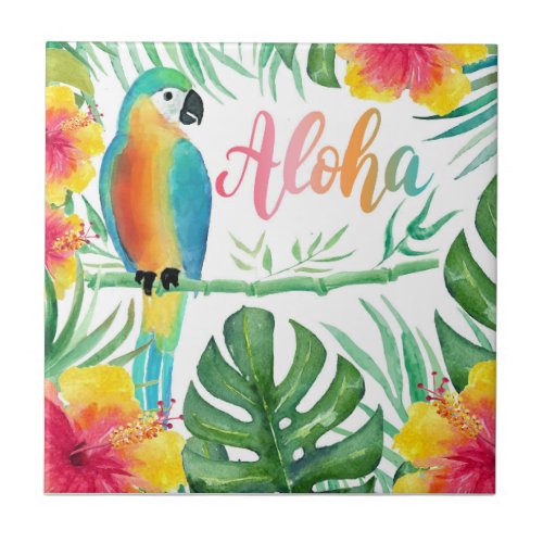 Aloha Tropical Parrot Hibiscus Palm  Ceramic Tile