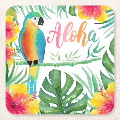 Aloha Tropical Parrot Hibiscus Palm Square Paper Coaster
