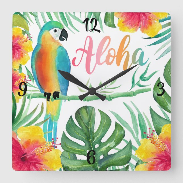 Aloha Tropical Parrot Hibiscus Palm Square Wall Cl Clock (Front)