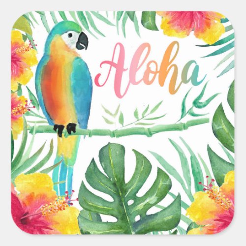 Aloha Tropical Parrot Hibiscus Palms  Square Sticker