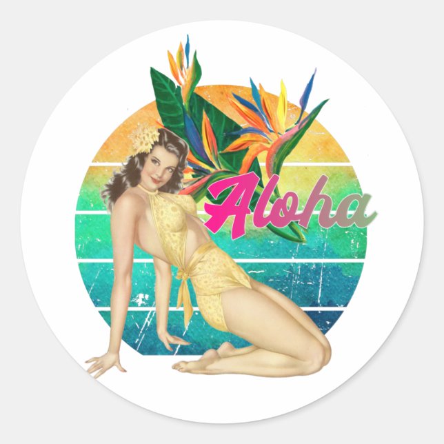 Aloha Tropical Pin-up girl retro sunset art Classic Round Sticker (Front)