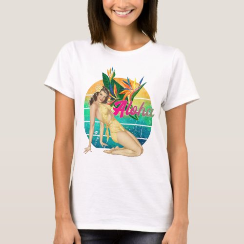 Aloha Tropical Pin_up girl retro sunset art T_Shirt