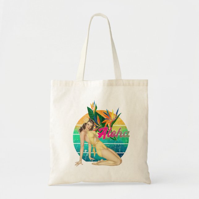 Aloha Tropical Pin-up girl retro sunset art Tote Bag (Front)