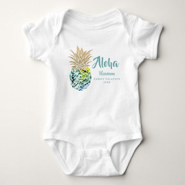 Aloha Tropical Pineapple Family Vacation Custom Baby Bodysuit (Front)