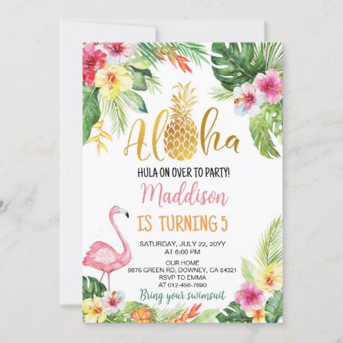 Aloha Tropical Pineapple Girl Birthday Party Invitation