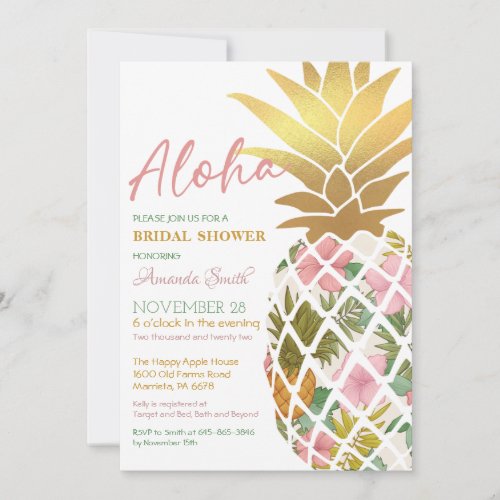 Aloha Tropical Pineapple Gold Leaf Bridal Shower Invitation