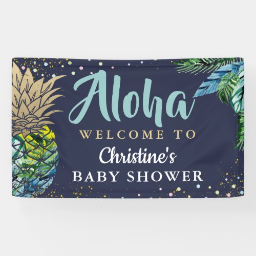 Aloha Tropical Pineapple Navy Blue Baby Shower Banner