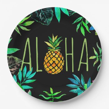 Aloha Tropical Pineapple On Black Paper Plates by paesaggi at Zazzle