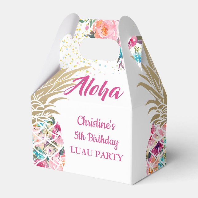 Aloha Tropical Pineapple Pink Floral Birthday Favor Boxes (Front Side)