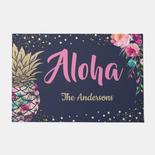 Aloha Tropical Pineapple Pink Floral Family Name Doormat