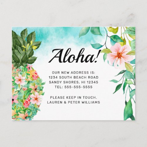 Aloha Tropical Pineapple Pink Floral Hawaii Moving Announcement Postcard