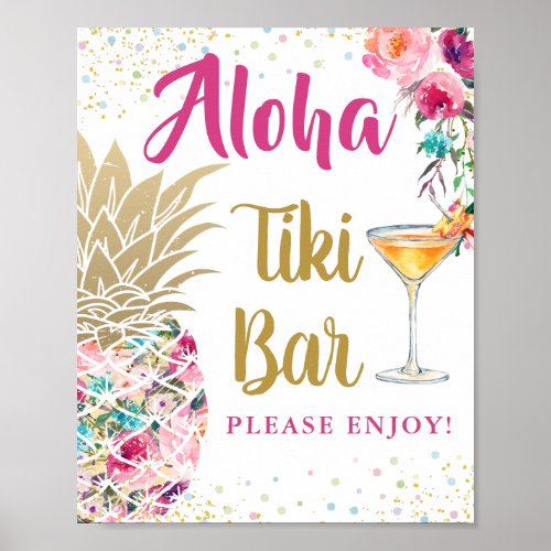 Aloha Tropical Pineapple Pink Floral Tiki Bar Sign