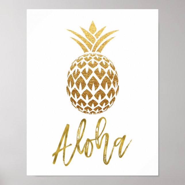Aloha Tropical Pineapple White and Gold Foil Poster (Front)