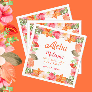 Aloha Tropical Pink & Coral Floral Luau Birthday  Napkins