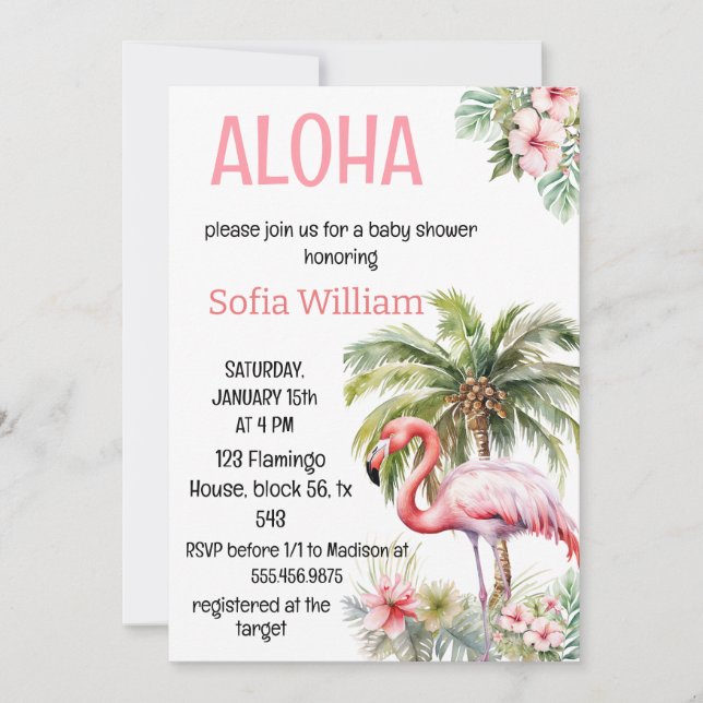 aloha tropical pink flamingo baby shower invitation (Front)