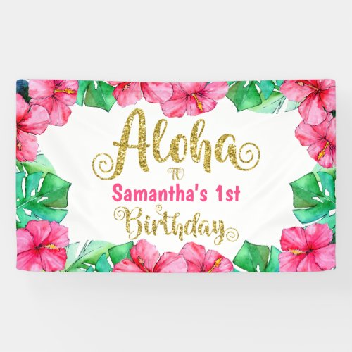 Aloha Tropical Pink Floral Birthday Party   Banner
