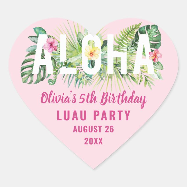 Aloha Tropical Pink Floral Birthday Party Favor Heart Sticker (Front)
