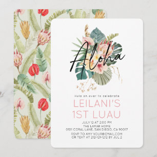 Aloha Tropical Pink Floral Hibiscus 1st Birthday Invitation