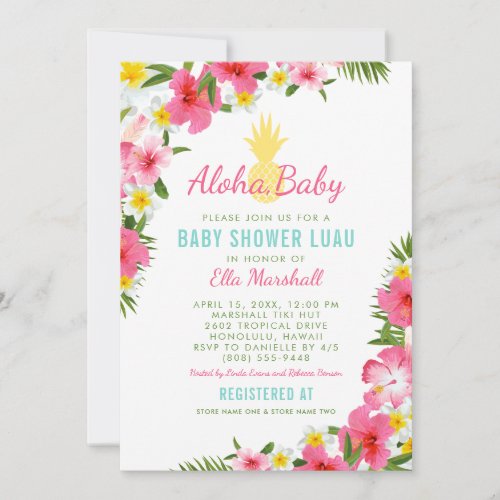 Aloha Tropical Pink Floral Pineapple Baby Shower Invitation