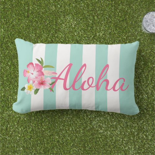 Aloha Tropical Pink Flowers and Aqua Blue Stripes Lumbar Pillow