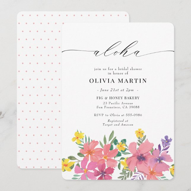 Aloha Tropical Pink Flowers Bridal Shower Invitation (Front/Back)
