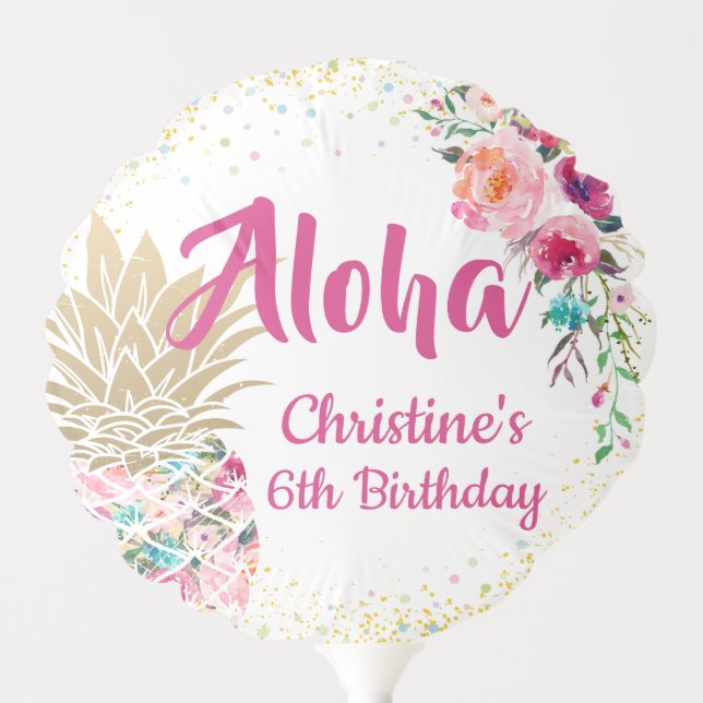 Aloha Tropical Pink Gold Pineapple Floral Birthday Balloon (Front)