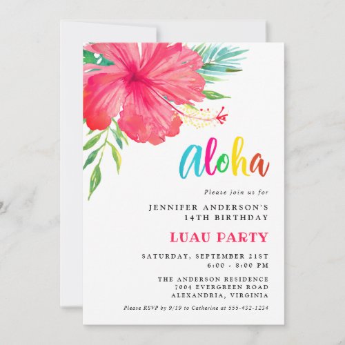 Aloha Tropical Pink Hibiscus Floral Luau Birthday Invitation
