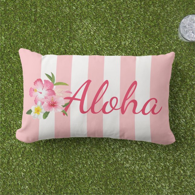 Aloha Tropical Pink Hibiscus Flowers and Stripes Lumbar Pillow (Grass)