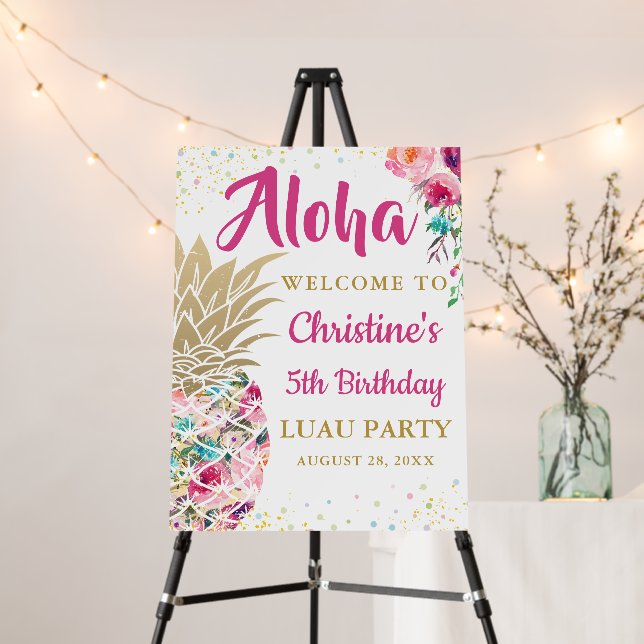 Aloha Tropical Pink Pineapple Floral Party Welcome Foam Board (In Situ (Stand))
