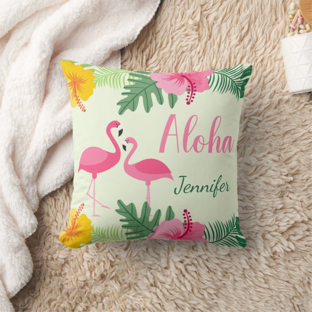 Aloha Tropical Pink Yellow Hibiscus Personalized T Throw Pillow (Blanket)