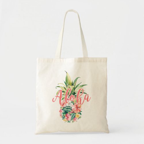 Aloha Tropical Watercolor Floral Pineapple Tote Bag