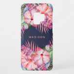 Aloha Tropical Watercolor Floral with Your Name Case-Mate Samsung Galaxy S9 Case<br><div class="desc">An alluring tropical floral design with a combination of watercolor flowers and foliage including hibiscus, ginger blossoms, palm fronds and tropical leaves. Colors include pink, peach, magenta, violet, blue and green over a navy blue background. Personalize with your desired name, monogram or other text. You can also delete the sample...</div>