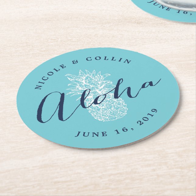 Aloha Tropical Watercolor Pineapple Round Paper Coaster (Angled)