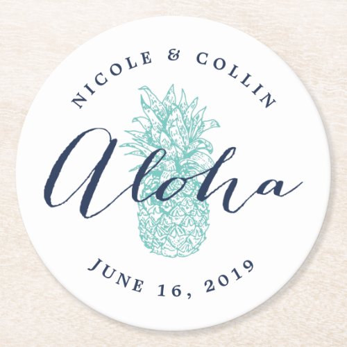 Aloha Tropical Watercolor Pineapple Round Paper Coaster