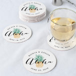 Aloha Tropical Watercolor Pineapple Round Paper Coaster<br><div class="desc">Tropical chic coasters for your wedding, rehearsal dinner, engagement party or welcome party feature "Aloha" in black modern calligraphy lettering, overlaid on a pineapple illustration in summery green and golden yellow. Personalize with your names and wedding date in curved text at the top and bottom. Perfect for Hawaii weddings, destination...</div>