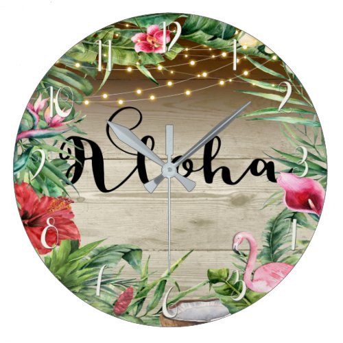 Aloha Tropical Wood Floral Leaves &amp; Lights Chic Large Clock