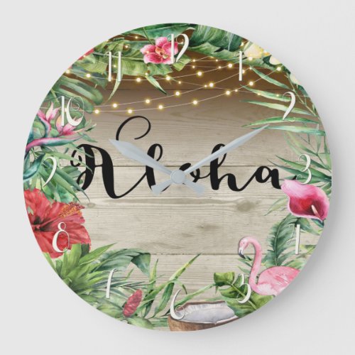 Aloha Tropical Wood Floral Leaves  Lights Chic Large Clock