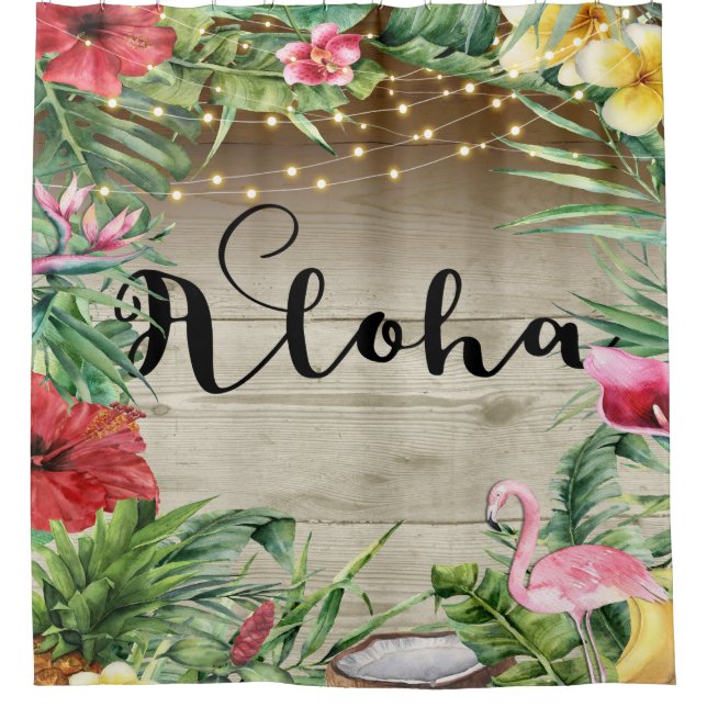 Aloha Tropical Wood Floral Leaves & Lights Chic Shower Curtain (Front)
