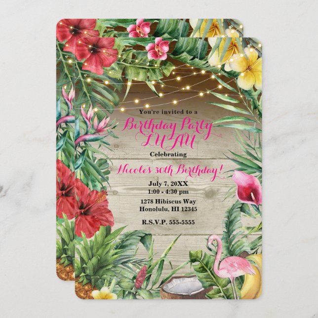 Aloha Tropical Wood Floral Leaves & Lights Luau Invitation (Front/Back)