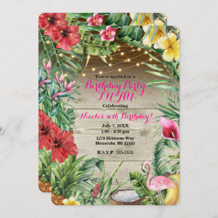 Aloha Tropical Wood Floral Leaves & Lights Luau Invitation