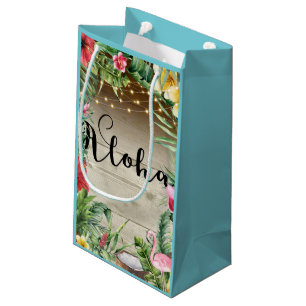 Aloha Tropical Wood Floral Leaves & Lights Luau Small Gift Bag