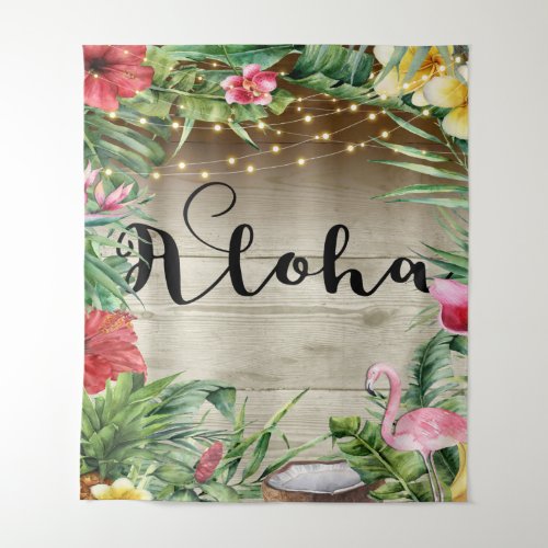 Aloha Tropical Wood Floral Leaves  Lights Luau Tapestry