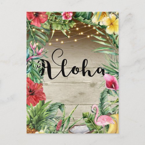 Aloha Tropical Wood Floral Leaves  Lights Summer Announcement Postcard