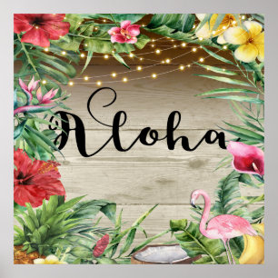 Aloha Tropical Wood Floral Leaves & Lights Summer Poster